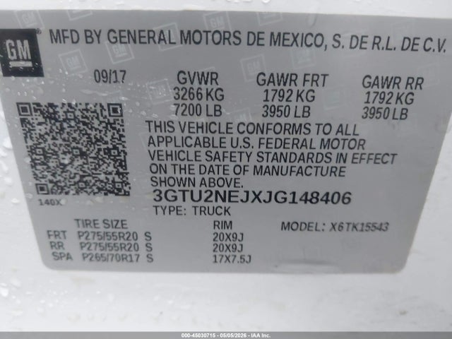 45030715 :رقم المزاد ، 3GTU2NEJXJG148406 vin ، 2018 Gmc Sierra 1500 Slt مزاد بيع
