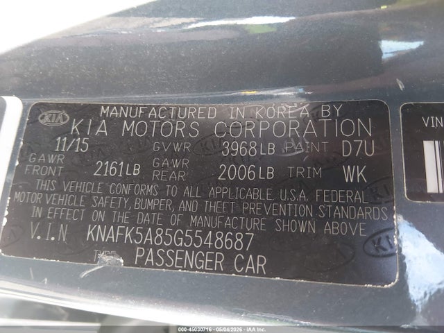 2016 Kia Forte Lx მანქანა იყიდება აუქციონზე, vin: KNAFK5A85G5548687, აუქციონის ნომერი: 45030716