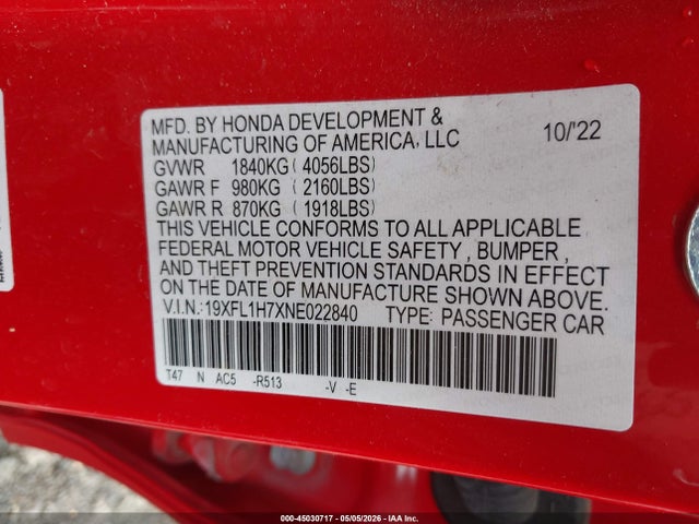 2022 Honda Civic Ex-l მანქანა იყიდება აუქციონზე, vin: 19XFL1H7XNE022840, აუქციონის ნომერი: 45030717