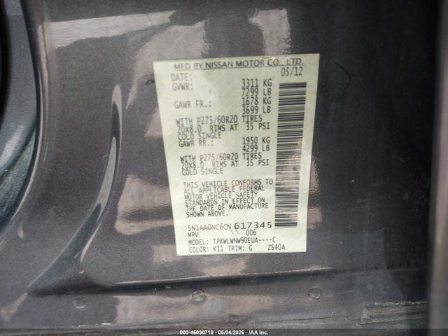 Продаж на аукціоні авто 2012 Nissan Armada Platinum, vin: 5N1AA0NC6CN617345, номер лоту: 45030719