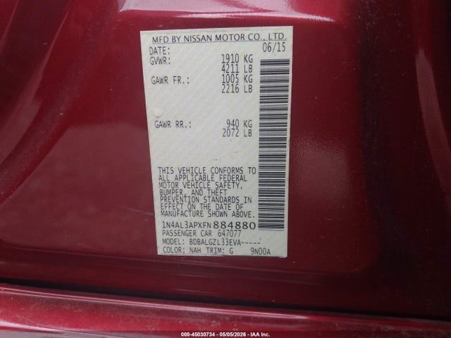 Aukcja sprzedaży 2015 Nissan Altima 2.5/2.5 S/2.5 Sl/2.5 Sv, vin: 1N4AL3APXFN884880, numer aukcji: 45030734
