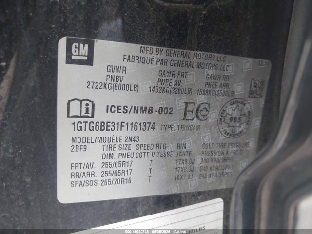 45030736 :رقم المزاد ، 1GTG6BE31F1161374 vin ، 2015 Gmc Canyon Sle مزاد بيع