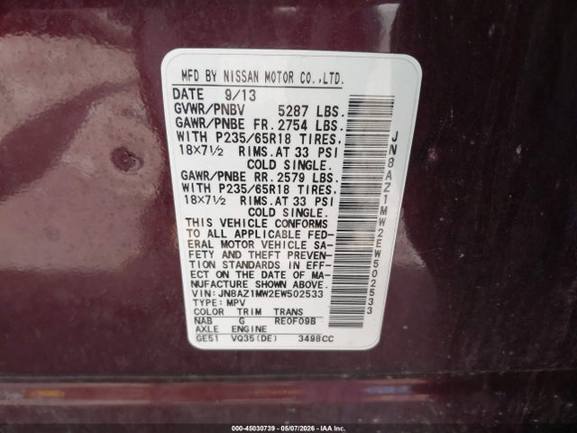 Aukcja sprzedaży 2014 Nissan Murano S, vin: JN8AZ1MW2EW502533, numer aukcji: 45030739