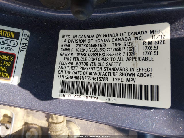 45030745 :رقم المزاد ، 2HKRM4H75DH616788 vin ، 2013 Honda Cr-v Ex-l مزاد بيع