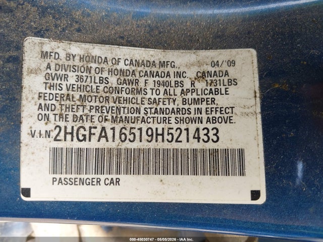 2009 Honda Civic Lx მანქანა იყიდება აუქციონზე, vin: 2HGFA16519H521433, აუქციონის ნომერი: 45030747