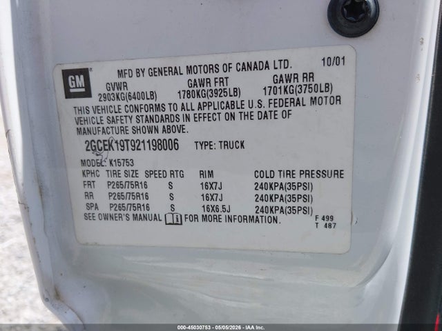 Aukcja sprzedaży 2002 Chevrolet Silverado 1500 Ls, vin: 2GCEK19T921198006, numer aukcji: 45030753