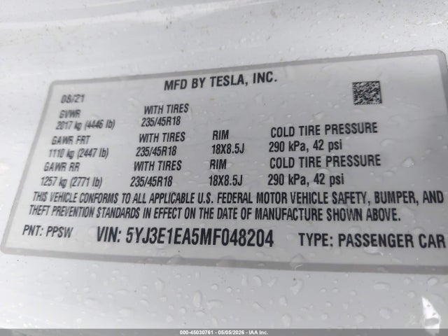 Aukcja sprzedaży 2021 Tesla Model 3 Standard Range Plus Rear-wheel Drive, vin: 5YJ3E1EA5MF048204, numer aukcji: 45030761