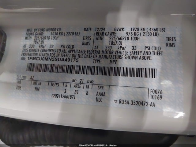 45030779 :رقم المزاد ، 1FMCU0MN5SUA49175 vin ، 2025 Ford Escape St-line مزاد بيع