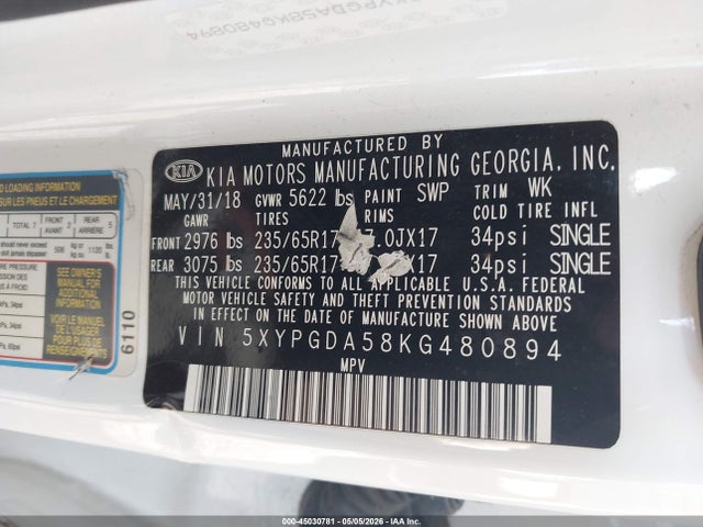 Aukcja sprzedaży 2019 Kia Sorento 3.3l Lx, vin: 5XYPGDA58KG480894, numer aukcji: 45030781