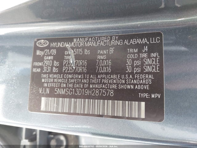 Продажа на аукционе авто 2009 Hyundai Santa Fe Gls, vin: 5NMSG13D19H287578, номер лота: 45030782