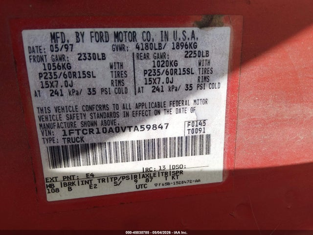 Aukcja sprzedaży 1997 Ford Ranger Splash/xl/xlt, vin: 1FTCR10A0VTA59847, numer aukcji: 45030785