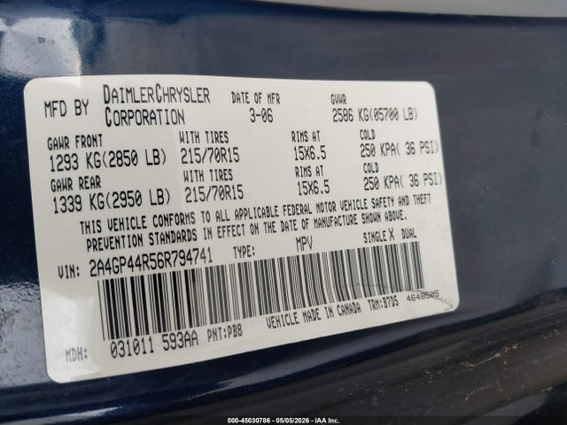 Продажа на аукционе авто 2006 Chrysler Town & Country Lx, vin: 2A4GP44R56R794741, номер лота: 45030786