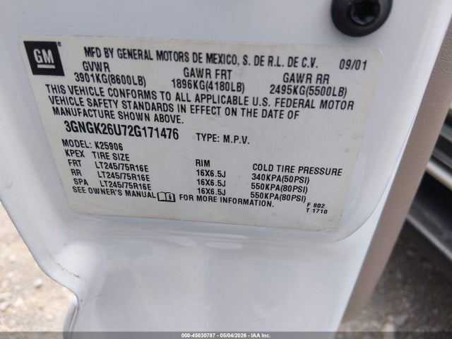 45030787 :رقم المزاد ، 3GNGK26U72G171476 vin ، 2002 Chevrolet Suburban 2500 Lt مزاد بيع