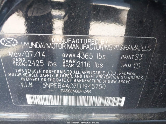 2014 Hyundai Sonata Gls მანქანა იყიდება აუქციონზე, vin: 5NPEB4AC7EH945750, აუქციონის ნომერი: 45030794