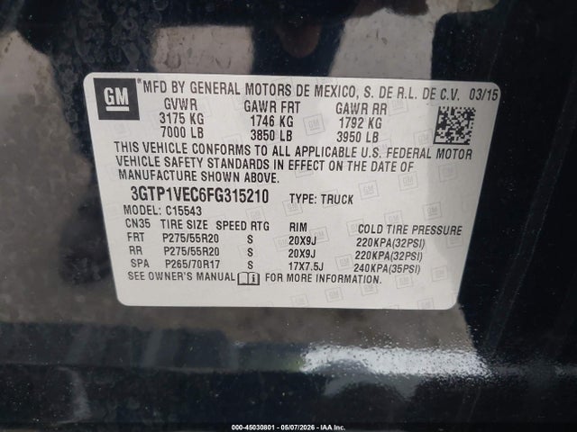 Auction sale of the 2015 Gmc Sierra 1500 Slt, vin: 3GTP1VEC6FG315210, lot number: 45030801
