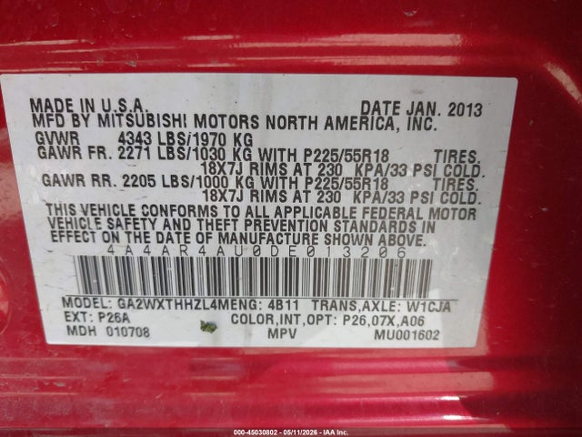 Продаж на аукціоні авто 2013 Mitsubishi Outlander Sport Se, vin: 4A4AR4AU0DE013206, номер лоту: 45030802