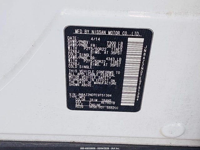45030809 :رقم المزاد ، JN8AZ2ND7E9751394 vin ، 2014 Infiniti Qx80 مزاد بيع