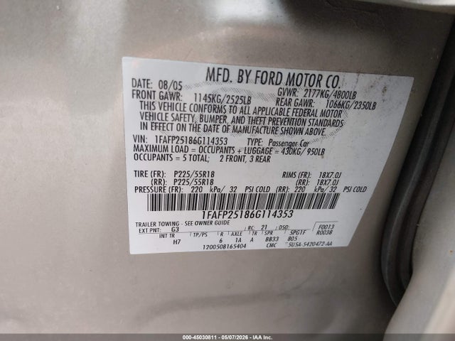 45030811 :رقم المزاد ، 1FAFP25186G114353 vin ، 2006 Ford Five Hundred Limited مزاد بيع