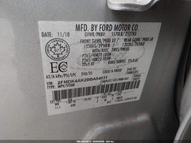 2011 Ford Edge Sport მანქანა იყიდება აუქციონზე, vin: 2FMDK4AK2BBA54531, აუქციონის ნომერი: 45030813