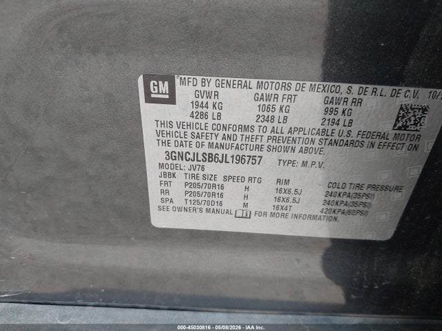 Продаж на аукціоні авто 2018 Chevrolet Trax Lt, vin: 3GNCJLSB6JL196757, номер лоту: 45030816