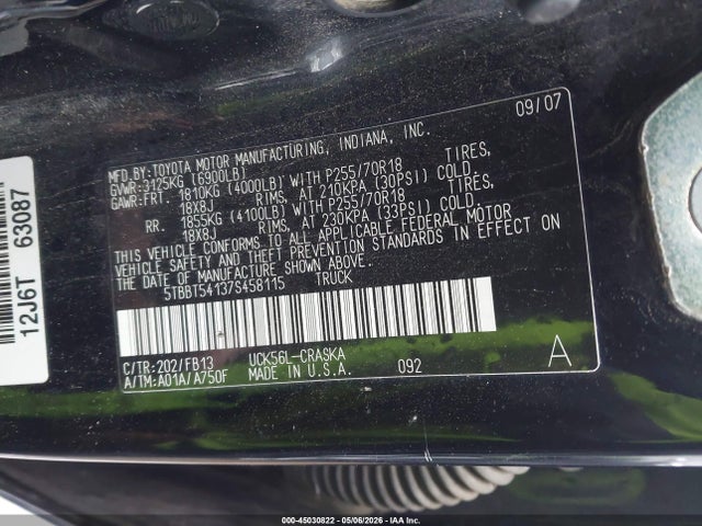 2007 Toyota Tundra Sr5 4.7l V8 მანქანა იყიდება აუქციონზე, vin: 5TBBT54137S458115, აუქციონის ნომერი: 45030822