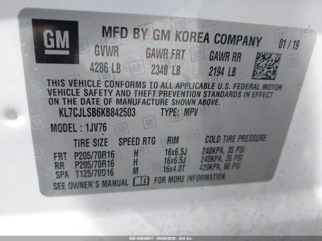Aukcja sprzedaży 2019 Chevrolet Trax Lt, vin: KL7CJLSB6KB842503, numer aukcji: 45030831