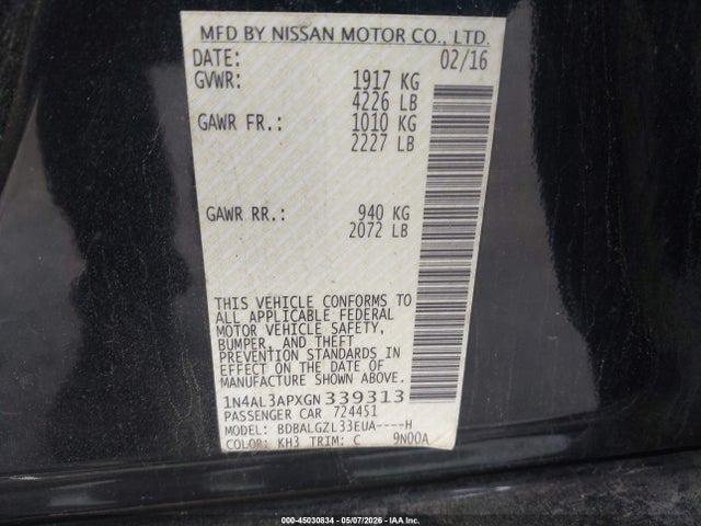 Aukcja sprzedaży 2016 Nissan Altima 2.5 S, vin: 1N4AL3APXGN339313, numer aukcji: 45030834