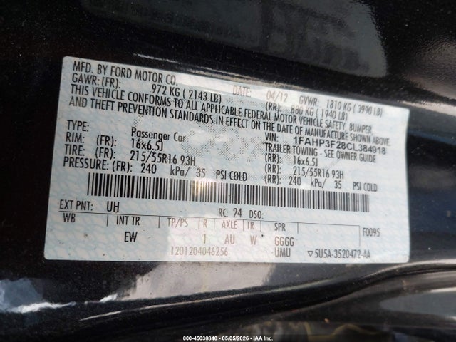 Продажа на аукционе авто 2012 Ford Focus Se, vin: 1FAHP3F28CL384918, номер лота: 45030840