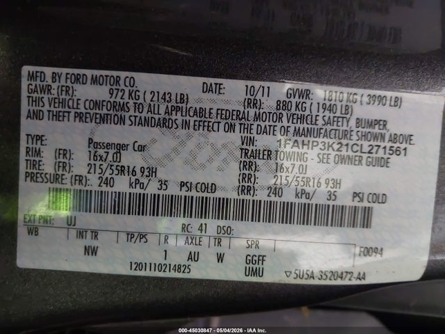 45030847 :رقم المزاد ، 1FAHP3K21CL271561 vin ، 2012 Ford Focus Se مزاد بيع