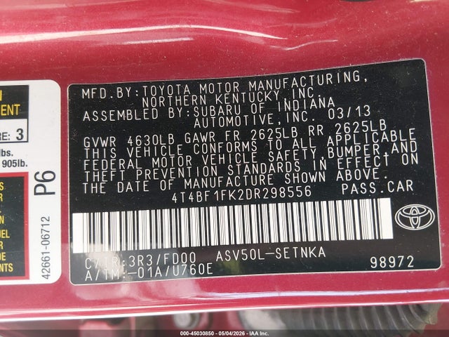 Aukcja sprzedaży 2013 Toyota Camry Le, vin: 4T4BF1FK2DR298556, numer aukcji: 45030850