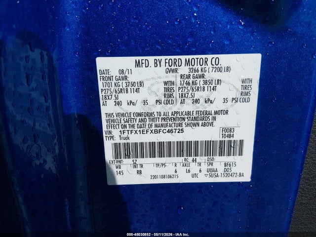 2011 Ford F-150 Fx4 მანქანა იყიდება აუქციონზე, vin: 1FTFX1EFXBFC46725, აუქციონის ნომერი: 45030852