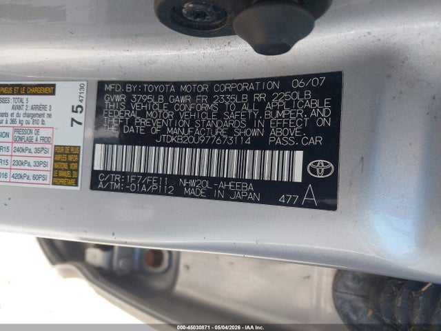 Aukcja sprzedaży 2007 Toyota Prius, vin: JTDKB20U977673114, numer aukcji: 45030871