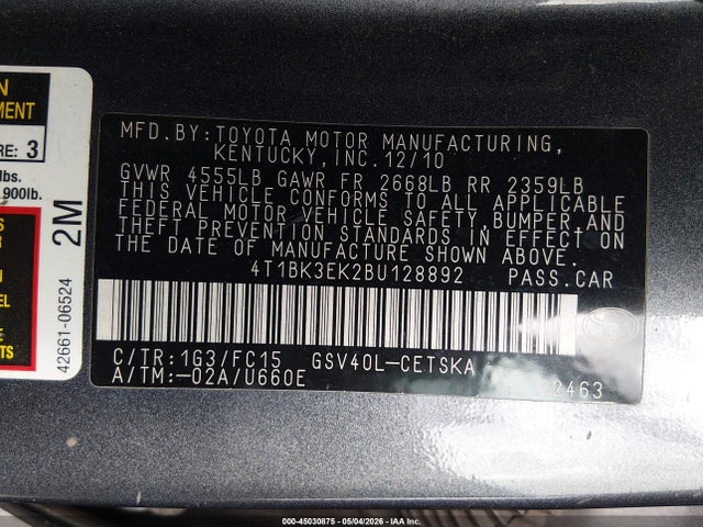 Продаж на аукціоні авто 2011 Toyota Camry Se V6, vin: 4T1BK3EK2BU128892, номер лоту: 45030875
