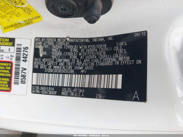 Продажа на аукционе авто 2013 Toyota Sienna Xle 7 Passenger, vin: 5TDDK3DC8DS050388, номер лота: 45030886