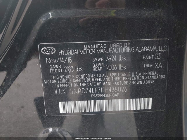 45030887 :رقم المزاد ، 5NPD74LF7KH435026 vin ، 2019 Hyundai Elantra Se مزاد بيع
