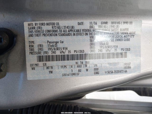 Ford FOCUS S 2016 1FADP3E22GL407177 Image 9