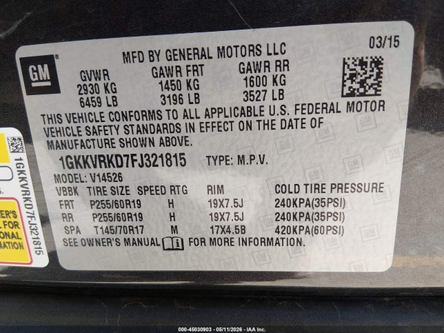 45030903 :رقم المزاد ، 1GKKVRKD7FJ321815 vin ، 2015 Gmc Acadia Slt-1 مزاد بيع