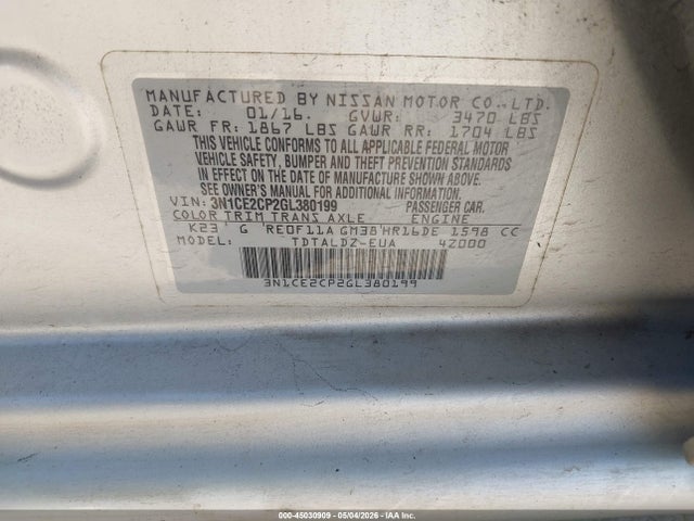 Nissan Versa Note S (sr)/s Plus/sl/sr/sv 2016 3N1CE2CP2GL380199 Image 9