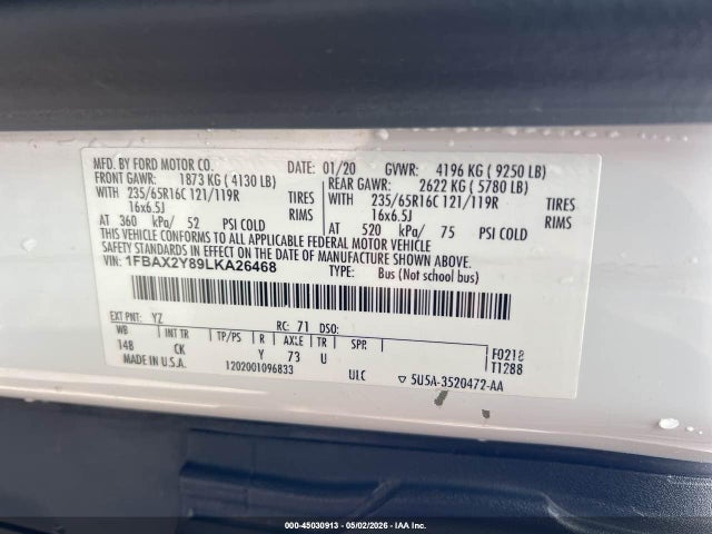 45030913 :رقم المزاد ، 1FBAX2Y89LKA26468 vin ، 2020 Ford Transit-350 Passenger Van Xlt مزاد بيع