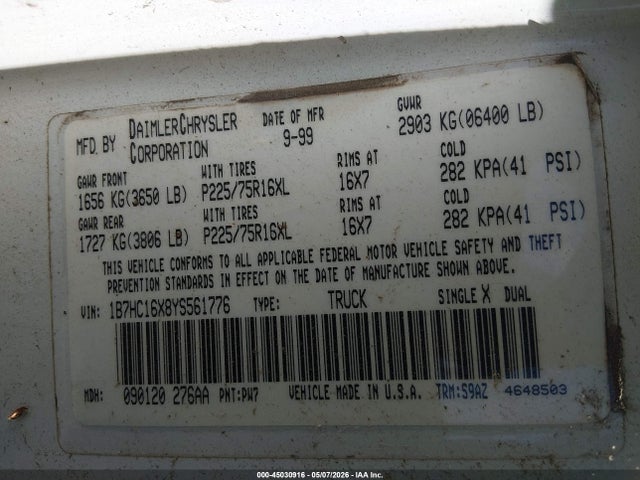 Продаж на аукціоні авто 2000 Dodge Ram 1500 St/ws, vin: 1B7HC16X8YS561776, номер лоту: 45030916