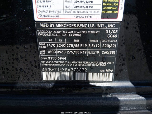 45030918 :رقم المزاد ، 4JGBF71EX8A378872 vin ، 2008 Mercedes-benz Gl 450 4matic مزاد بيع