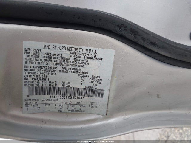 Auction sale of the 1999 Ford Taurus Se, vin: 1FAFP58S7XG201037, lot number: 45030937