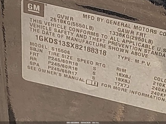Продаж на аукціоні авто 2008 Gmc Envoy Slt, vin: 1GKDS13SX82188318, номер лоту: 45030948