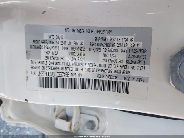 45030950 :رقم المزاد ، JM3TB3CV5C0367455 vin ، 2012 Mazda Cx-9 Touring مزاد بيع