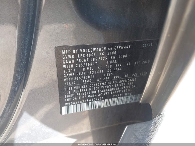 45030957 :رقم المزاد ، WVGAV7AX6FW607239 vin ، 2015 Volkswagen Tiguan Se مزاد بيع