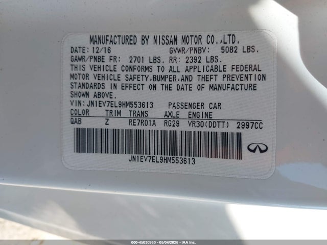 Продаж на аукціоні авто 2017 Infiniti Q60 3.0t Premium, vin: JN1EV7EL9HM553613, номер лоту: 45030960