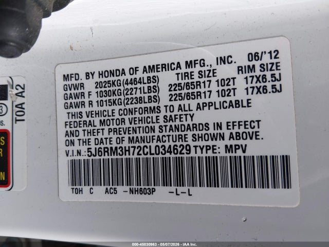 2012 Honda Cr-v Ex-l მანქანა იყიდება აუქციონზე, vin: 5J6RM3H72CL034629, აუქციონის ნომერი: 45030963