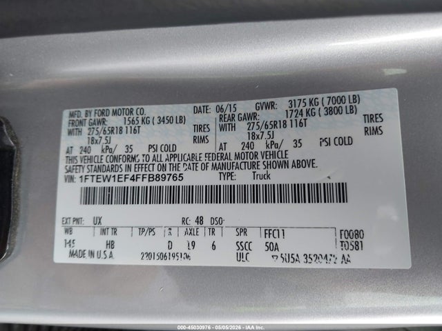 45030976 :رقم المزاد ، 1FTEW1EF4FFB89765 vin ، 2015 Ford F-150 Lariat مزاد بيع
