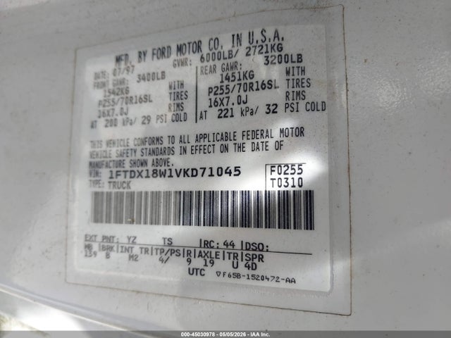 45030978 :رقم المزاد ، 1FTDX18W1VKD71045 vin ، 1997 Ford F-150 Lariat/xl/xlt مزاد بيع