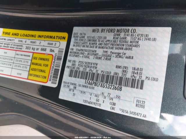 Aukcja sprzedaży 2016 Ford Mustang Gt, vin: 1FA6P8CFXG5323608, numer aukcji: 45030981